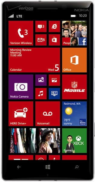 Nokia Lumia Icon front view displaying colorful Windows Phone home screen with app tiles including Camera, Office, Games, and weather widget