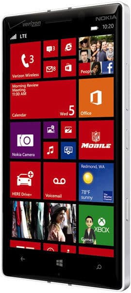 Nokia Lumia Icon front view with Windows Phone home screen displaying colorful app tiles in red, orange, purple, and green