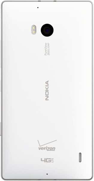 Nokia Lumia Icon rear view, white, showing large camera lens and Verizon 4G LTE branding