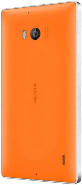 Nokia Lumia 930 rear view, bright orange back with camera and flash, silver edges