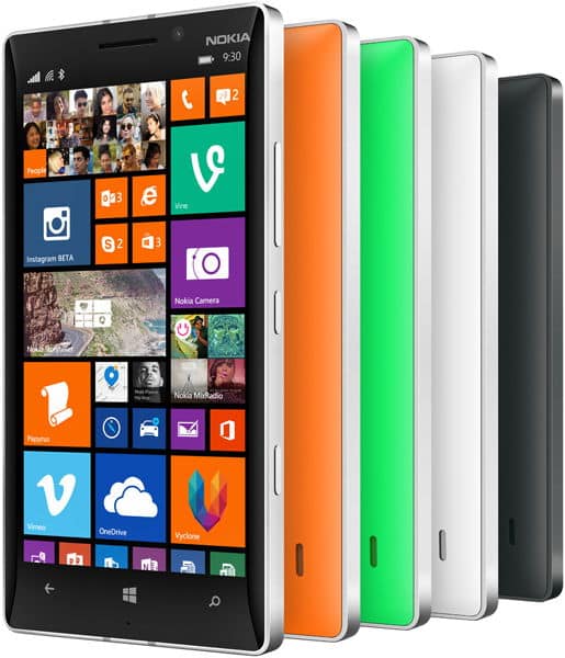 Nokia Lumia 930 front view with colorful app tiles on screen, shown alongside rear views in orange, green, white, and black color options