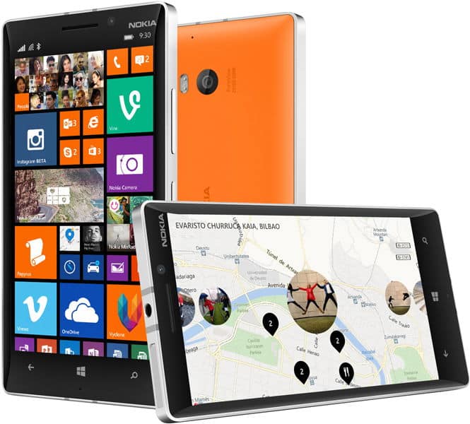 Nokia Lumia 930 shown from front, rear, and angled views displaying colorful Windows tiles and map application