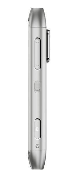 Nokia N8 phone, side view, showing silver metallic body with control buttons and camera lens area