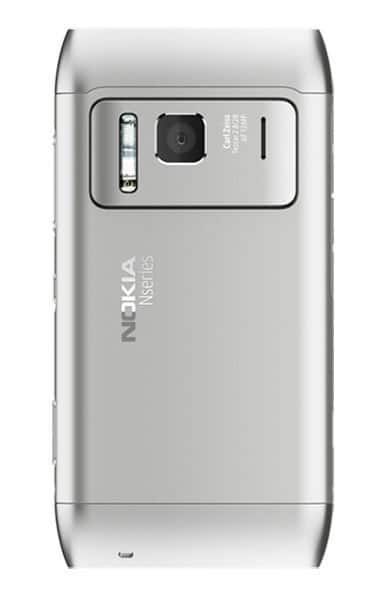 Nokia N8 rear view showing silver metallic body with camera lens and flash above "NOKIA N8" text
