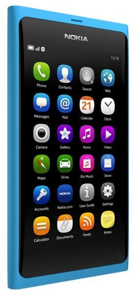 Nokia N9 smartphone with blue frame, showing home screen with colorful app icons on black display, angled front view
