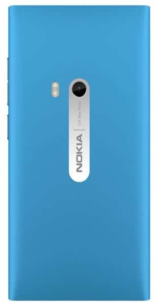 Nokia N9 rear view, blue back panel with white camera module and flash