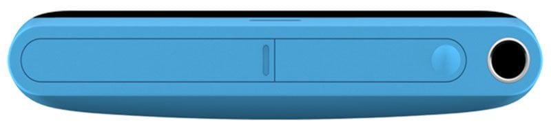 Nokia N9 in cyan blue, top rear view showing camera lens and volume controls