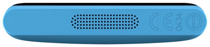 Nokia N9 rear view, showing blue curved body with speaker grille and regulatory markings
