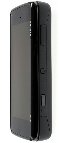 Nokia N900 smartphone shown from the side, displaying its black casing, touchscreen, and physical buttons along the edge