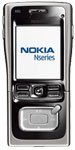 Nokia N91 mobile phone, front view, with black casing, screen displaying Nokia branding, and control buttons below