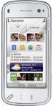 Nokia N97 smartphone, front view, displaying home screen with application icons and widgets on white background
