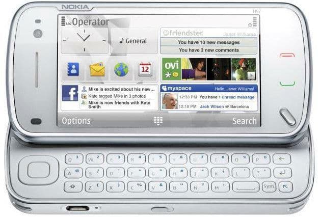 Nokia N97 NAM front view with slide-out QWERTY keyboard, displaying home screen with social media apps and messaging notifications