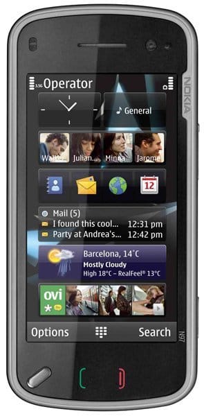 Nokia N97 NAM smartphone front view, showing home screen with contacts, apps, weather, and notifications
