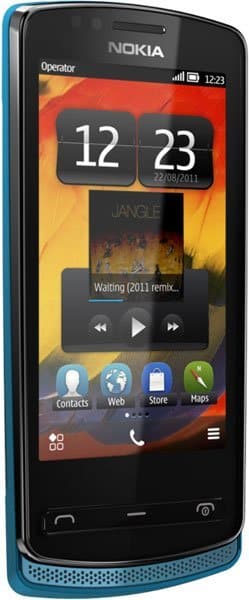Nokia 700 smartphone, front view, with blue frame, displaying home screen with clock widget and app icons