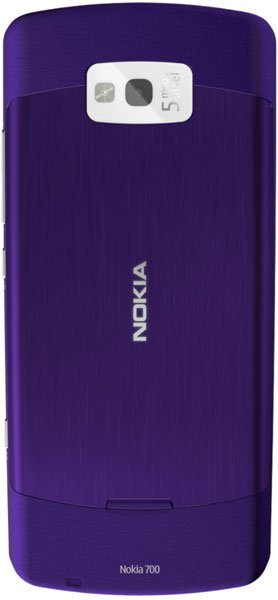 Nokia 700 rear view, purple with textured finish and camera module at top