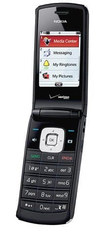 Nokia Shade flip phone open, showing menu screen with Media Center, Messaging, My Ringtones, and My Pictures options