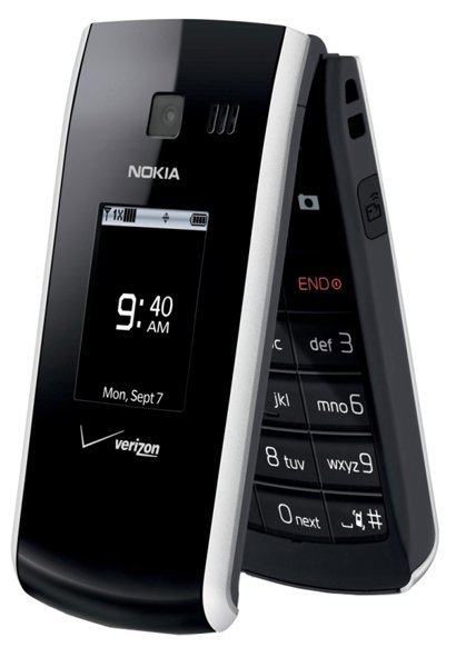 Nokia Shade flip phone, open position, showing main display and numeric keypad with Verizon branding
