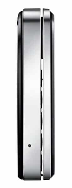 Nokia Twist, side view, showing metallic silver clamshell phone with black edges and central hinge line