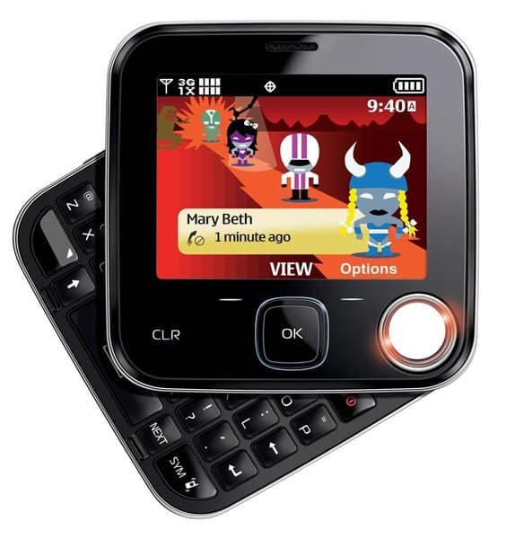 Nokia Twist front view with sliding QWERTY keyboard, displaying colorful avatar icons and messaging interface on screen