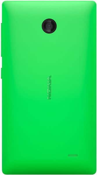 Rear view of green Nokia X showing top-center camera, central Nokia logo, and bottom-right speaker grille.