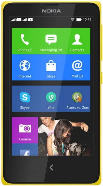 Front view of Nokia X smartphone showing home screen with app tiles and 10:45 on the display.