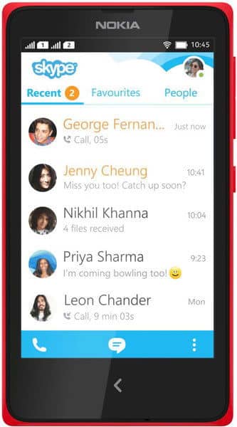 Front view of Nokia X showing Skype app open, displaying recent calls and messages from five contacts with details visible.