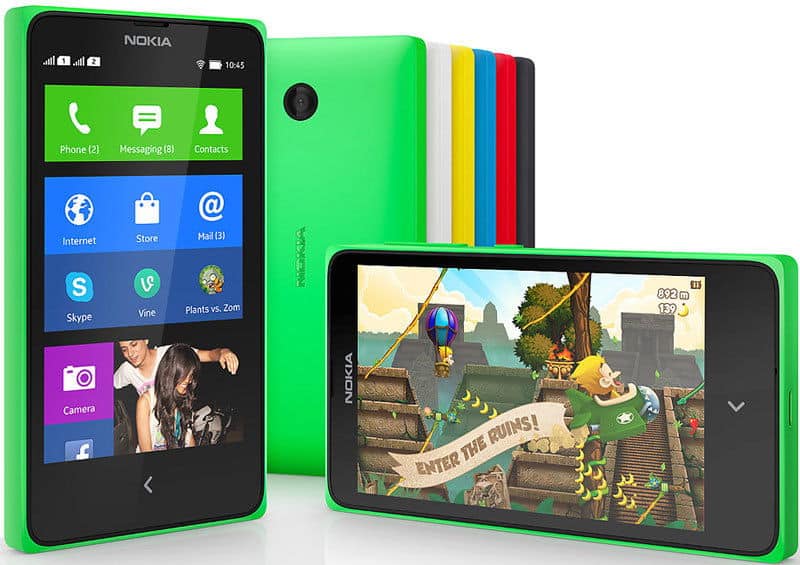 Front and rear views of multiple Nokia smartphones, including Nokia X, in assorted colors; screens show app icons and a game.
