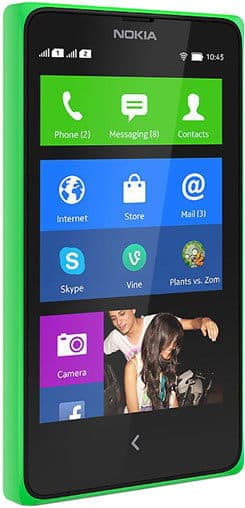 Front view of Nokia X with green border, showing home screen and various app icons including Phone, Store, Skype, and Camera.