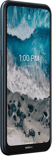 Front view of Nokia X100 showing lock screen at 1:00 PM, Nov 19; beach waves and rocks wallpaper on display.