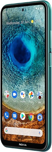 Nokia X10 smartphone with teal frame, displayed front-on showing home screen with aerial ocean photography wallpaper and app icons