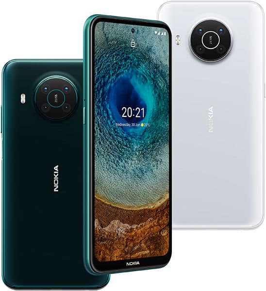 Nokia X10 smartphones shown from front and rear, displaying teal and white models with circular camera modules and time display on screen