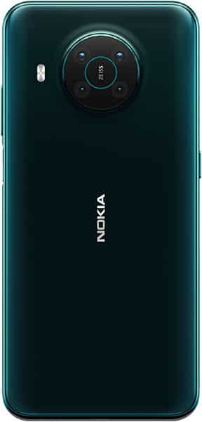 Nokia X10 rear view, teal back with circular camera module and flash, Nokia branding centered on lower back