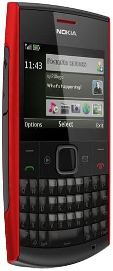 Nokia X2-01 front view, red and black slider phone with QWERTY keyboard, display showing home screen with time and app icons