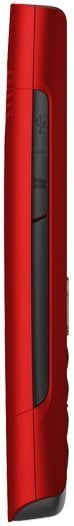 Nokia X2-01 mobile phone, side view, red and black clamshell design with closed screen