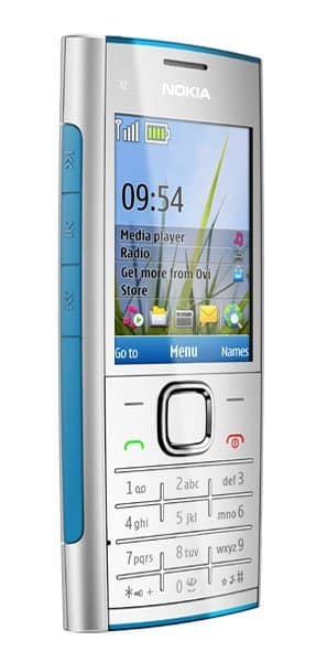 Nokia X2 front view with blue and silver frame, display screen showing home menu, and keypad below