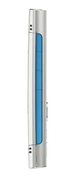 Nokia X2 front view, silver and blue slider phone with blue accent panel down the center