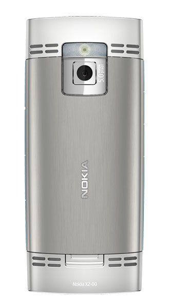 Nokia X2 rear view, silver candybar phone with camera and speaker grilles