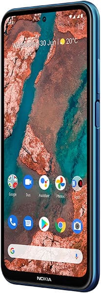 Nokia X20 phone, front view, with blue frame and screen displaying an aerial map with turquoise water and red-brown land