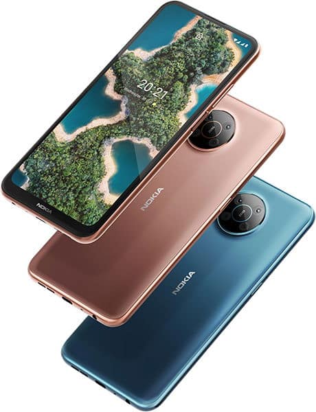 Nokia X20 phones in pink and blue, shown from front and rear angles with dual camera systems visible