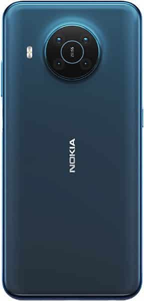 Nokia X20 rear view, showing blue body with circular camera module and Nokia branding