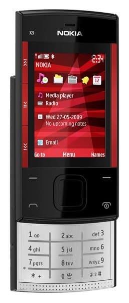Nokia X3 front view with red display showing menu icons and white numeric keypad below
