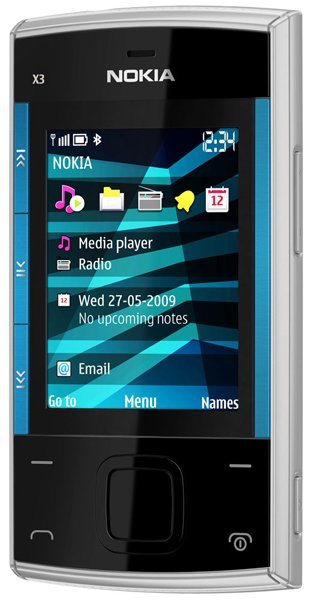 Nokia X3 mobile phone, front view, with black screen displaying menu options including Media player, Radio, and Email