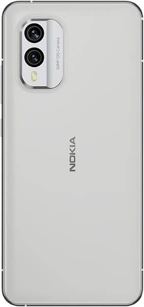 Nokia X30 rear view showing white back panel, dual-lens camera with flash, and Nokia branding