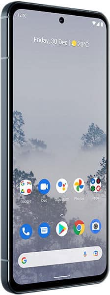 Nokia X30 front view displaying home screen with time, weather, and app icons on display