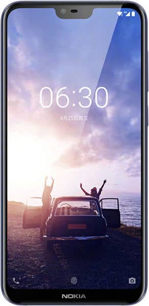 Nokia X6 (2018) front view with lock screen displaying time 06:30 and beach scene wallpaper