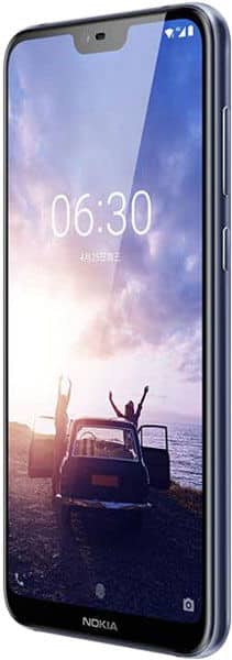 Nokia X6 (2018) front view displaying time 06:30 and landscape wallpaper with person standing by vehicle