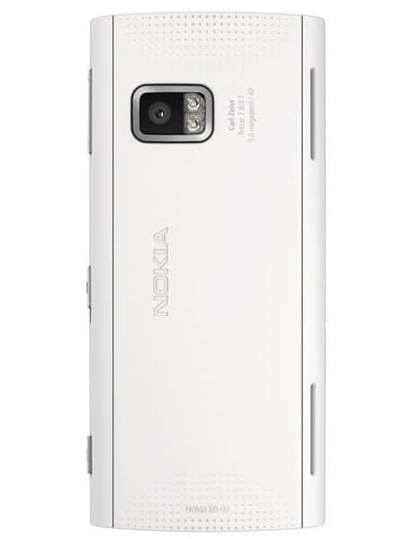 Nokia X6 rear view, white phone showing camera module and Nokia branding on back panel