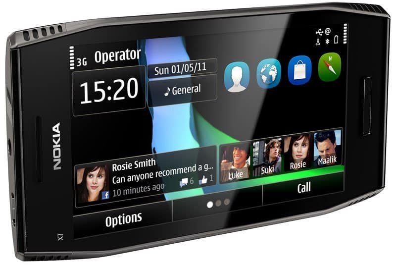 Front view of Nokia X7 showing home screen with vibrant icons, contact photos, and a message notification from Rosie Smith.