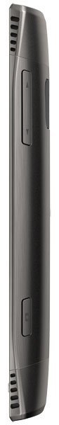 Side view of dark gray Nokia X7 device with visible volume and power buttons, plus speaker grills at both ends.