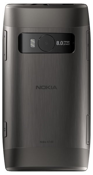 Rear view of Nokia X7 showing 8MP dual LED camera, metallic finish, and centered Nokia logo below the camera module.
